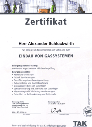 Zertifika Einbau von Gassystemen
